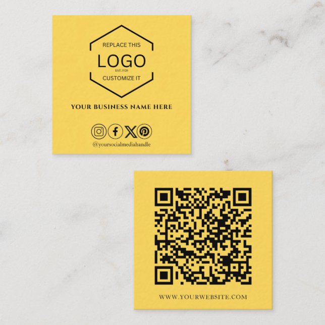 Modern Minimal Social Media QR Code Yellow Square Business Card (Front/Back)