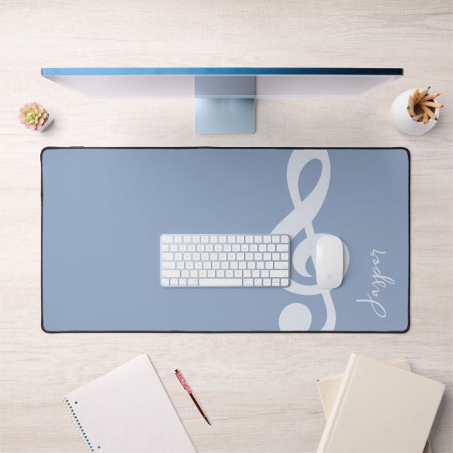 Modern Minimal Soft Pastel Blue Music Symbol Name Desk Mat (Office 1)
