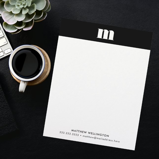 Modern Minimal Solid Black White Custom Monogram Custom Letterhead (Creator Uploaded)
