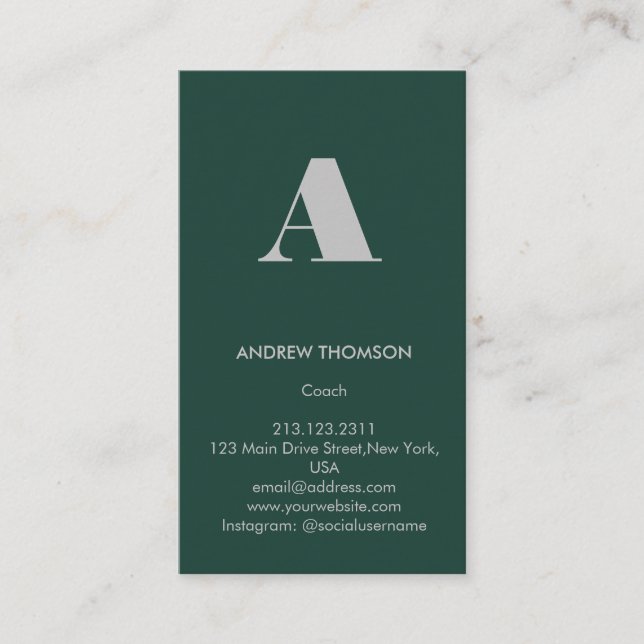 Modern Minimal Solid Emerald Monogram Vertical Business Card (Front)