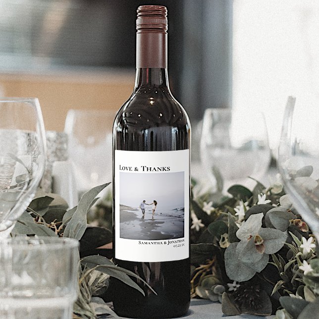 Modern Minimal Square Photo Love & Thanks Wedding Wine Label (Creator Uploaded)