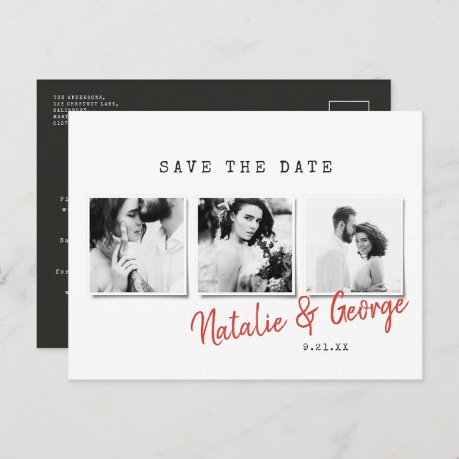 Modern minimal stylish multi photo wedding announcement postcard (Front/Back)