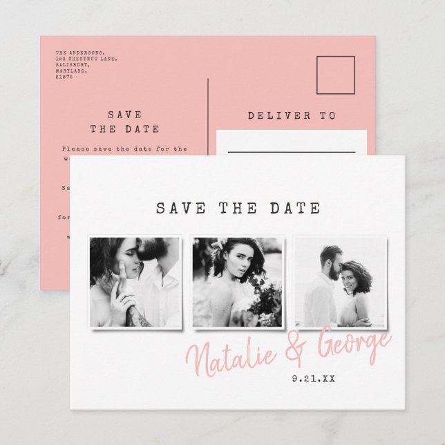 Modern minimal stylish multi photo wedding announcement postcard (Front/Back)