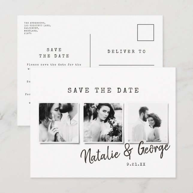 Modern minimal stylish multi photo wedding announcement postcard (Front/Back)
