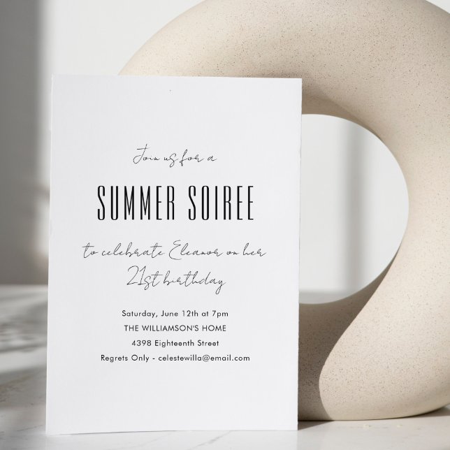 Modern Minimal Summer Soiree Birthday Party White Invitation (Creator Uploaded)