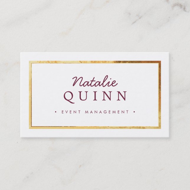 MODERN MINIMAL super stylish gold border burgundy Business Card (Front)