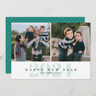 Modern Minimal Teal 2 Photo Happy New Year Holiday Card