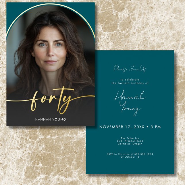 Modern Minimal Teal Arch Fortieth Birthday (Modern Minimal Teal Arch Fortieth Birthday Foil Invitation)
