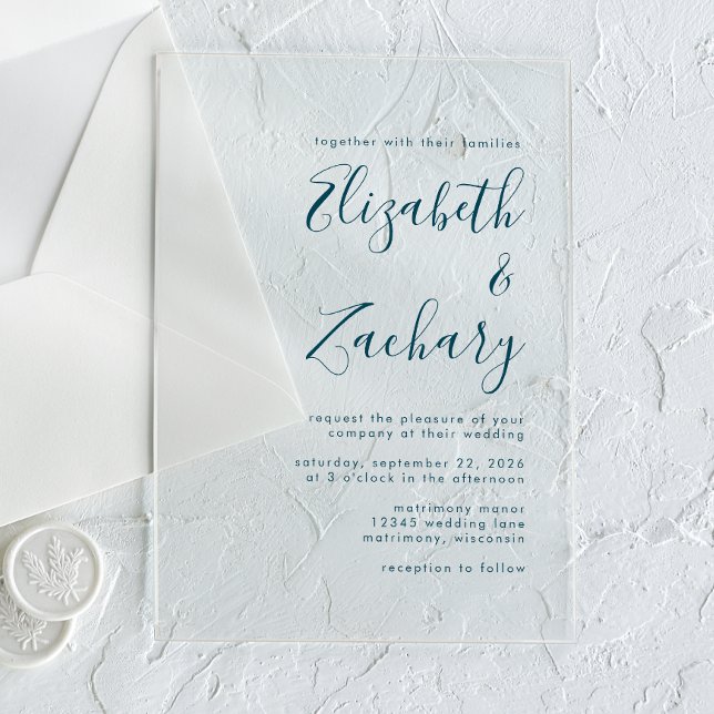 Modern Minimal Teal Blue Script Wedding Acrylic Invitations (Creator Uploaded)