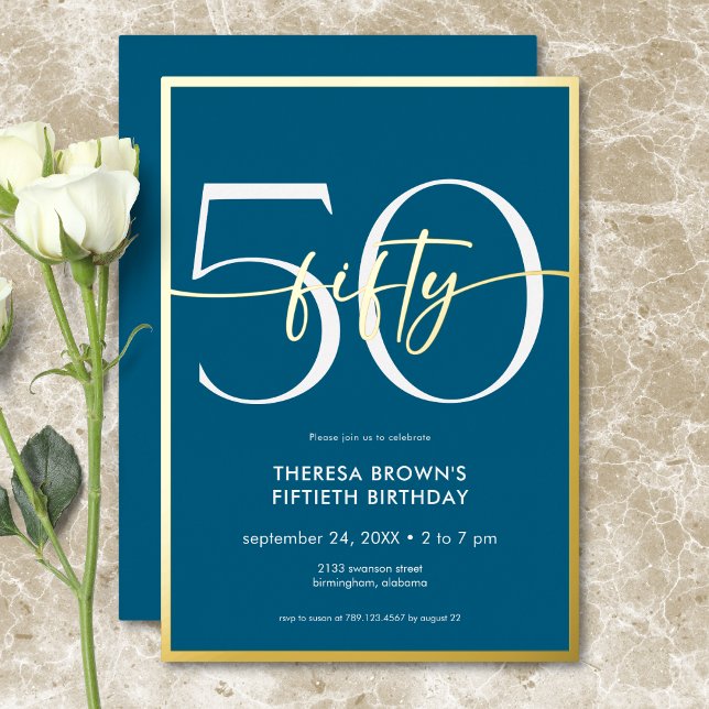 Modern Minimal Teal Fifty Script Birthday (Modern Minimal Teal Fifty Script Birthday Foil Invitation)
