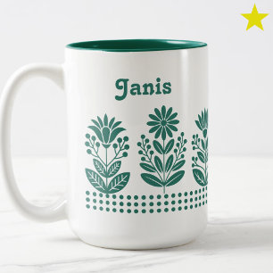 Modern Minimal Teal Folk Art Flowers Custom Name Two-Tone Coffee Mug