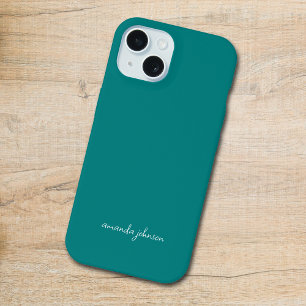 Modern Minimal Teal Monogram Cursive Name iPhone 15 Case