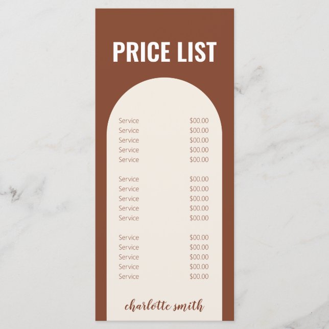 Modern Minimal Terracotta Arch Price List Menu (Front)