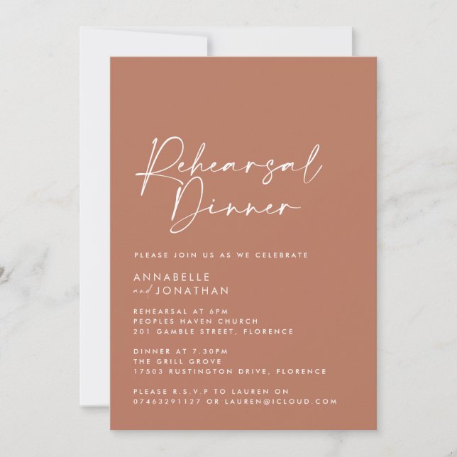 Modern Minimal terracotta Wedding Rehearsal Dinner Invitation (Front)