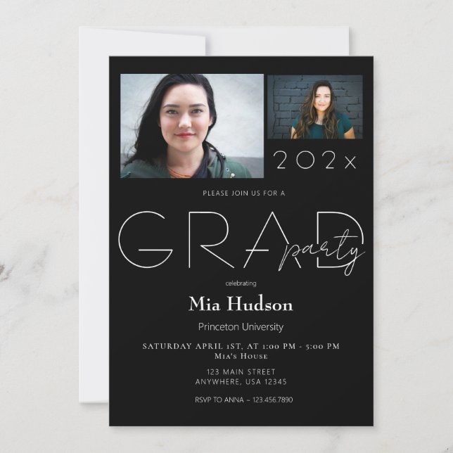 Modern Minimal Then & Now 2 Photo Graduation Party Invitation (Front)