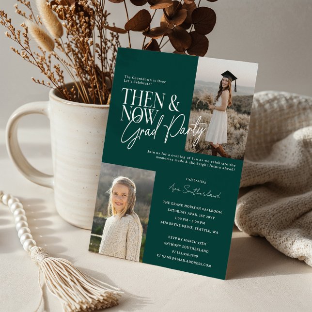 Modern Minimal Then & Now Graduation Party Photos Invitation (Modern Minimal Then & Now Graduation Party Photos Green Invitation)