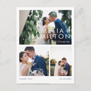 Modern Minimal Three Photo Wedding Thank You Postcard
