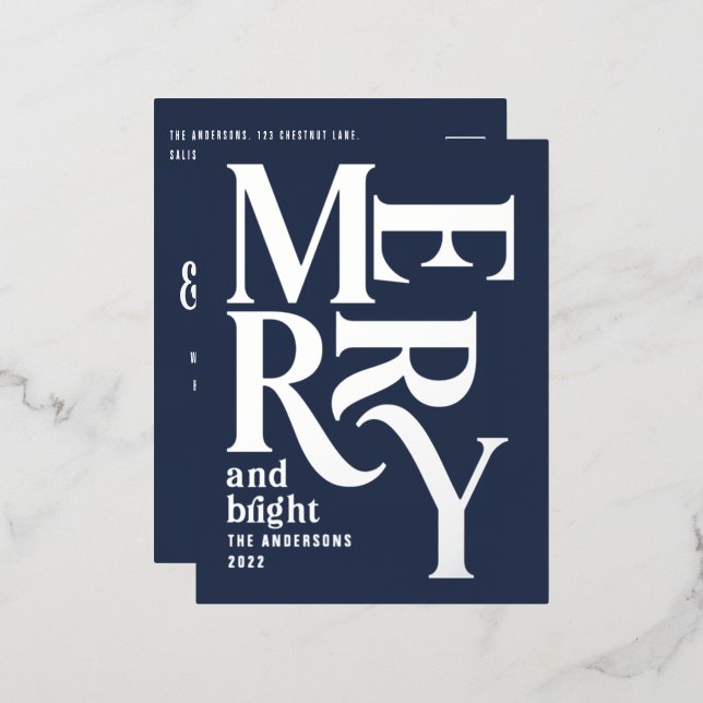 Modern minimal traditional blue merry Christmas Foil Holiday Postcard (Front/Back)