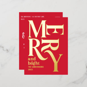 Modern minimal traditional red merry Christmas Foil Holiday Postcard