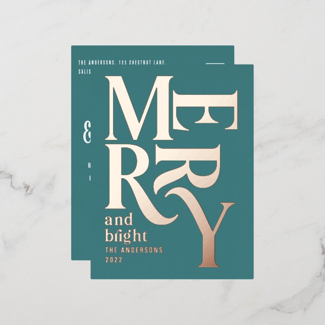 Modern minimal traditional teal merry Christmas Foil Holiday Postcard (Front/Back)