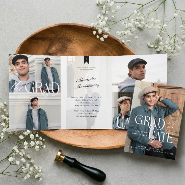 Modern Minimal Trendy Grad Photo Collage Graduate Tri-Fold Invitation (Modern Minimal Trendy Grad Photo Collage Graduate Tri-Fold Invitation)