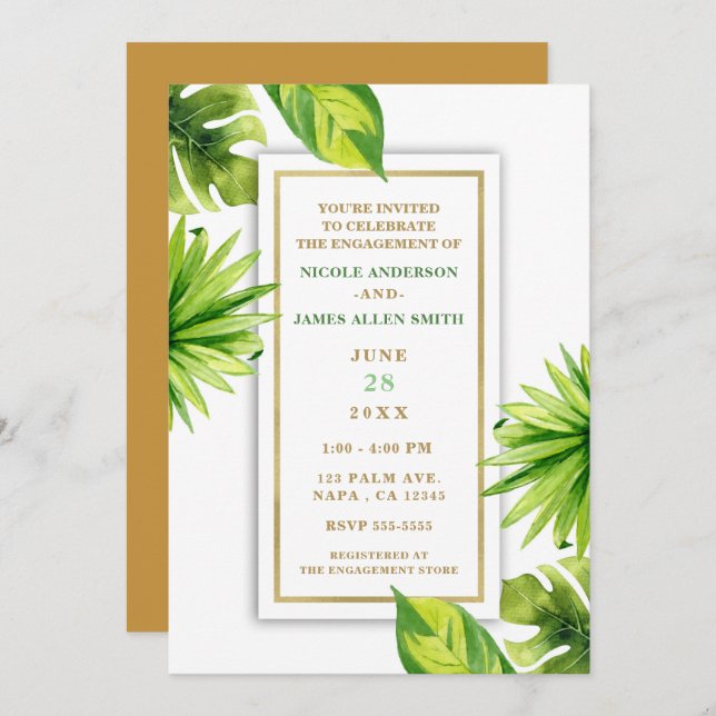 Modern Minimal Tropical Green Leaves Engagement Invitation (Front/Back)