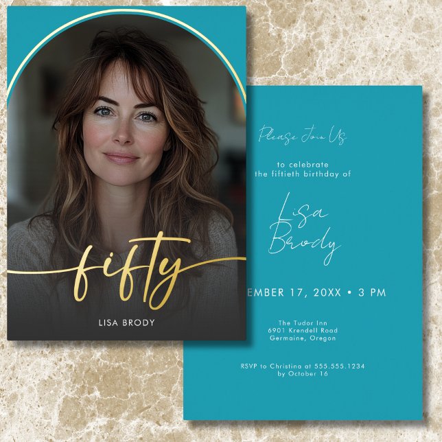 Modern Minimal Turquoise Arch Fiftieth Birthday (Modern Minimal Turquoise Arch Fiftieth Birthday Foil Invitation)