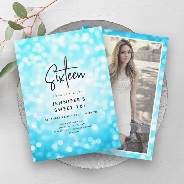 Modern Minimal Turquoise Lights Photo Sweet 16  Invitation (Modern Minimal Turquoise Lights Photo Sweet 16 Invitation)