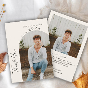 Modern Minimal Two Photo Beige Graduation Thank You Card