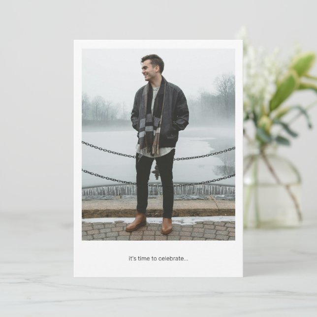 Modern Minimal Two Photo Black White Graduation Invitation (Standing Front)