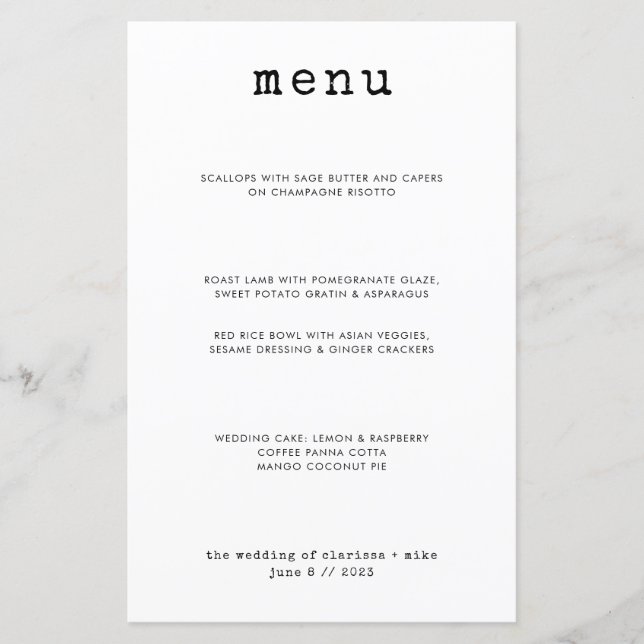 Modern Minimal Typewriter Dinner Wedding Menu (Front)