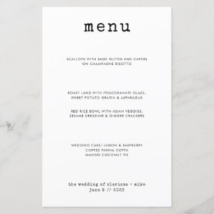 Modern Minimal Typewriter Dinner Wedding Menu