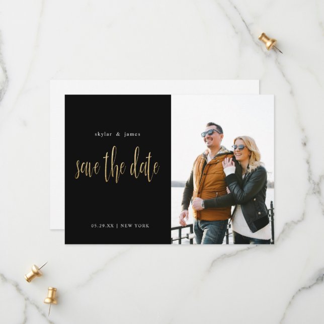 Modern Minimal Typographic Photo Black Save The Date (Front/Back In Situ)