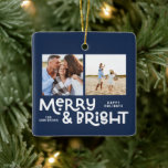 Modern minimal typography 2  photo Christmas   Ceramic Ornament<br><div class="desc">All may not be calm but all can still be bright with this fun modern colourful Christmas card. With space for 2 square photographs,  available in a selection of colours.</div>