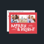 Modern minimal typography 3 photo Christmas fun  Holiday Postcard<br><div class="desc">All may not be calm but all can still be bright with this fun modern colourful Christmas card. With space for 3 square photographs,  available in a selection of colours.</div>
