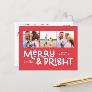 Modern minimal typography 3 photo Christmas fun Holiday Postcard