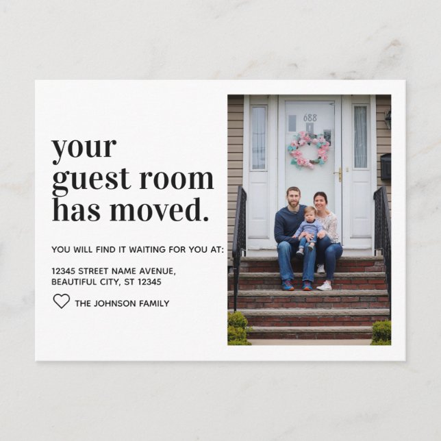 Modern Minimal Typography Guest Room Photo Moving Announcement Postcard (Front)