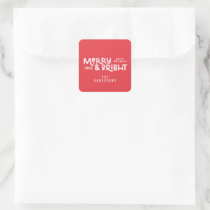 Modern minimal typography merry and bright  square sticker
