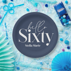 Modern minimal typography navy blue 60th birthday paper plate