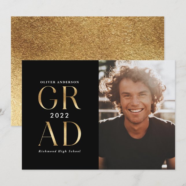 Modern minimal typography photo graduation gold in invitation (Front/Back)