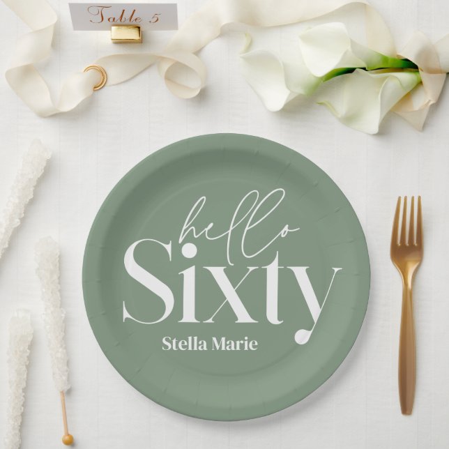 Modern minimal typography sage green 60th birthday paper plate (Wedding)