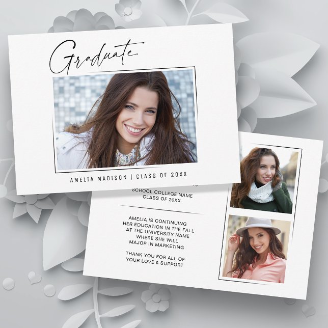 Modern Minimal Unique Ink Script Graduate 3 Photo Announcement (Creator Uploaded)