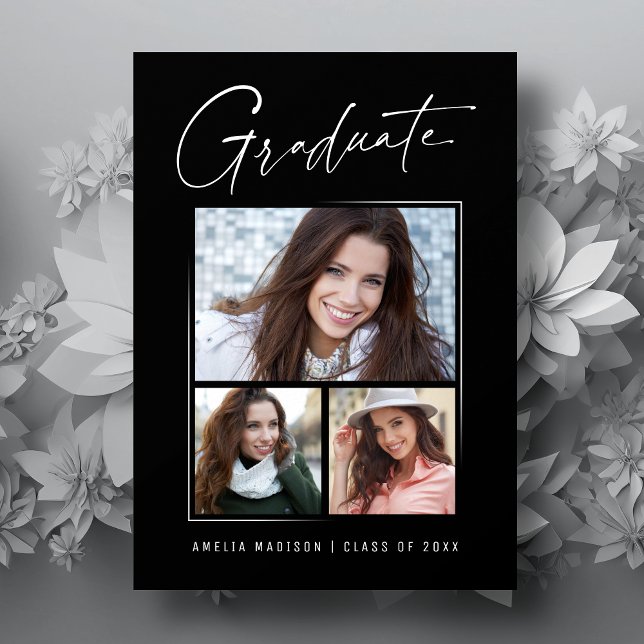 Modern Minimal Unique Ink Script Graduate 3 Photo Announcement (Creator Uploaded)