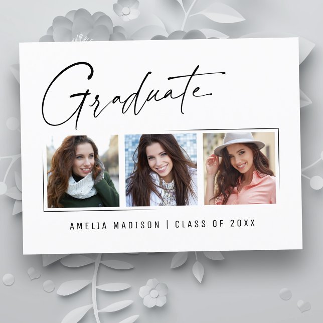 Modern Minimal Unique Ink Script Graduate 3 Photo Postcard (Creator Uploaded)