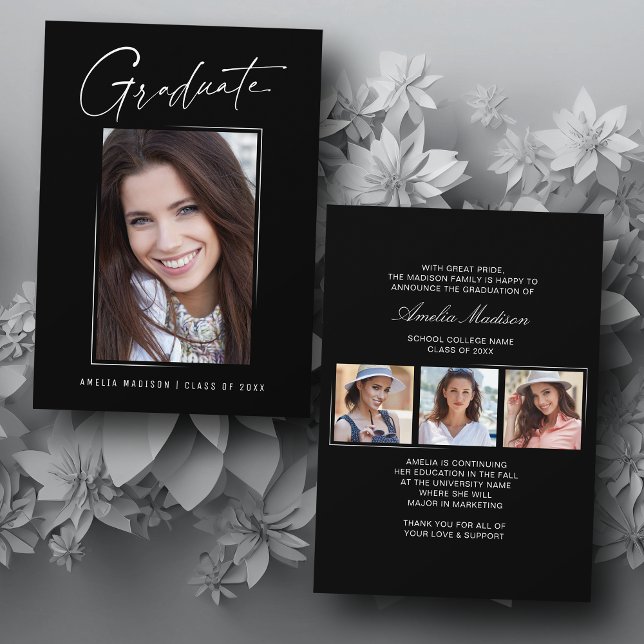 Modern Minimal Unique Ink Script Graduate 4 Photo Announcement (Creator Uploaded)