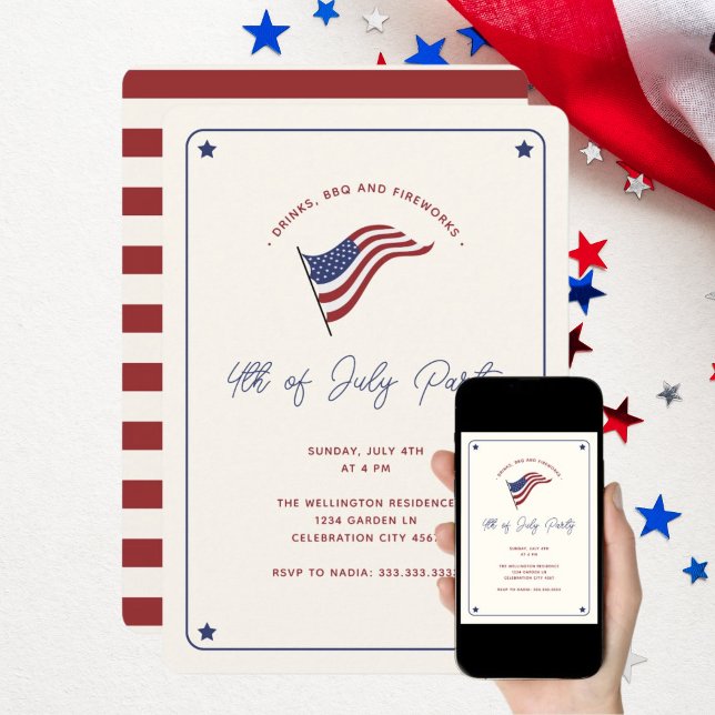 Modern Minimal US Flag 4th of July Party Invitation (Creator Uploaded)