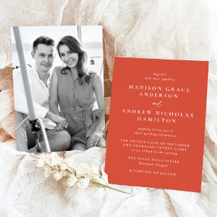 Modern Minimal Verona Sunset Orange Photo Wedding Invitation