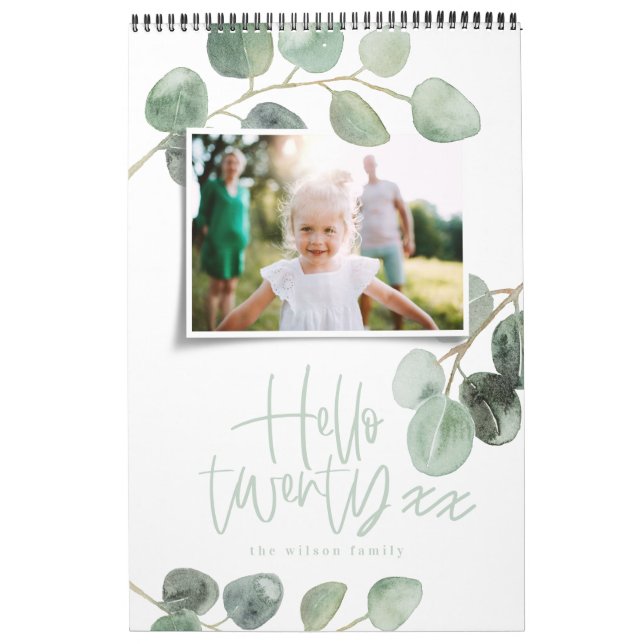 Modern minimal watercolor eucalyptus photo script calendar (Cover)