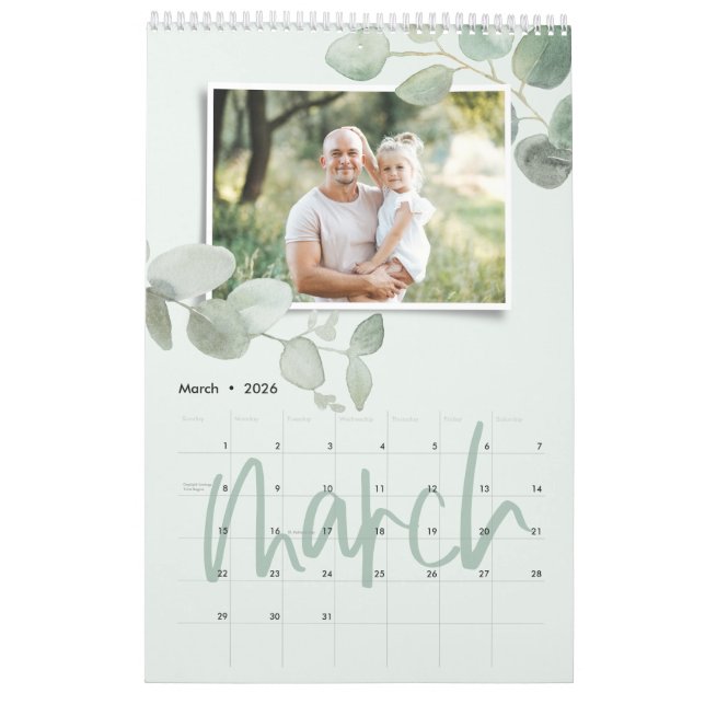 Modern minimal watercolor eucalyptus photo script calendar (Mar 2026)