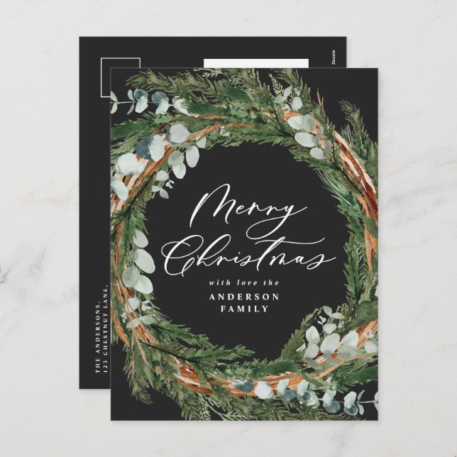 Modern minimal watercolor foliage black Christmas Holiday Postcard (Front/Back)